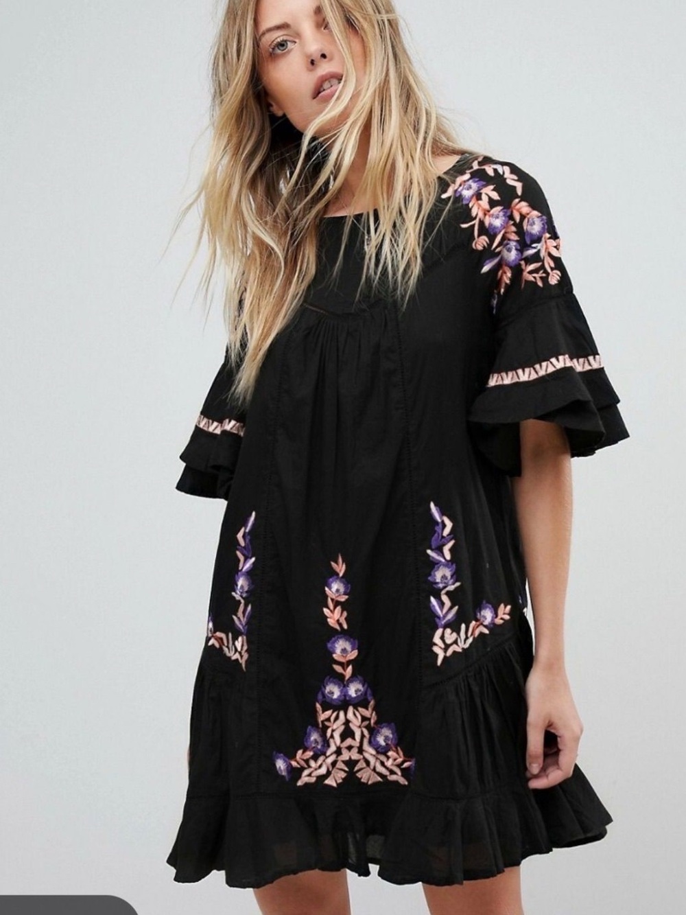 Free People Black Floral Embroidered Babydoll Dress